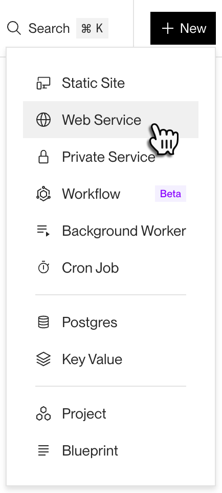 Selecting Web Service from the New menu