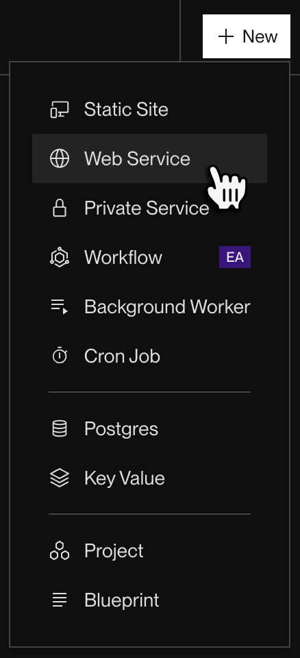 Selecting a service type from the New menu