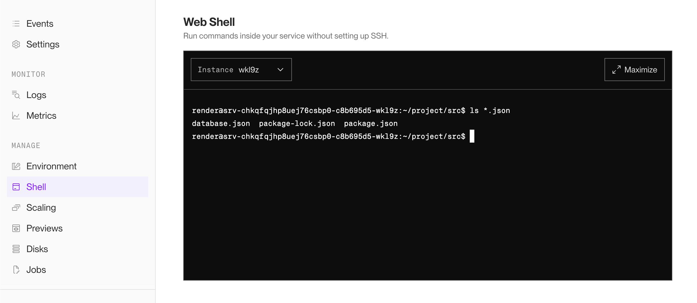 Accessing a service via its Shell page in the Render Dashboard