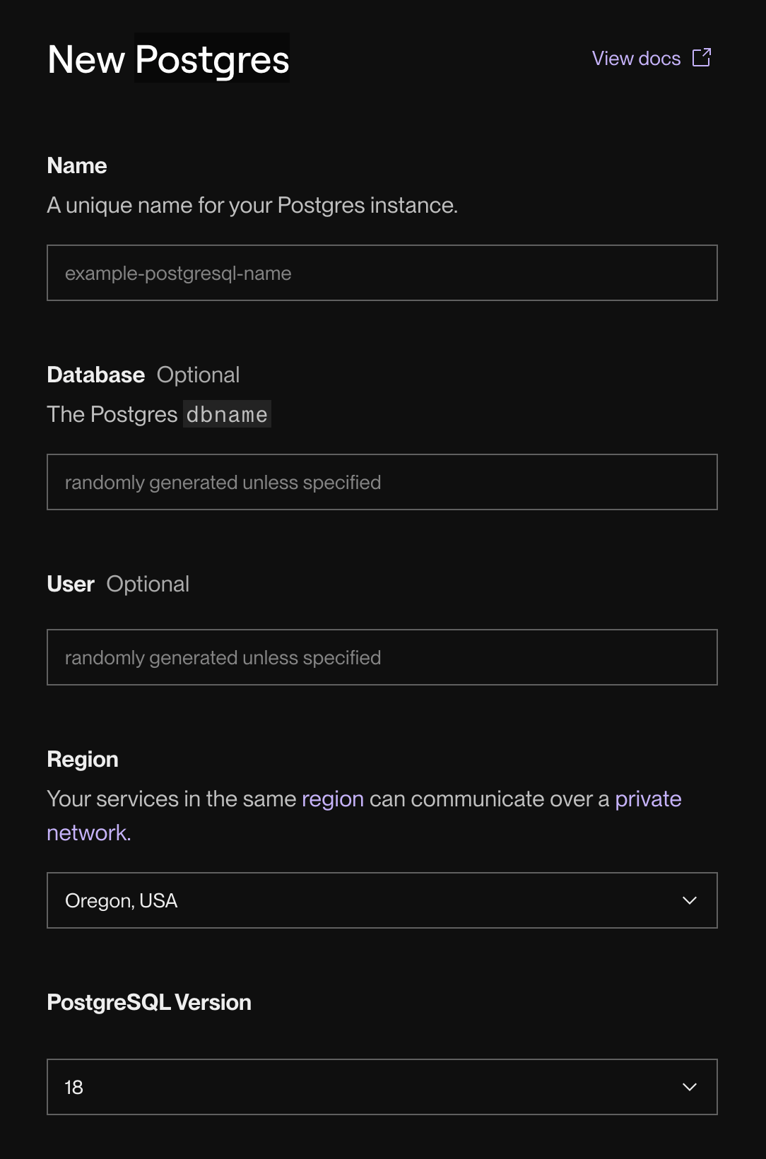 New Postgres creation form