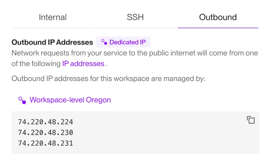 Dedicated outbound IP addresses shown in the Outbound tab of the Render Dashboard