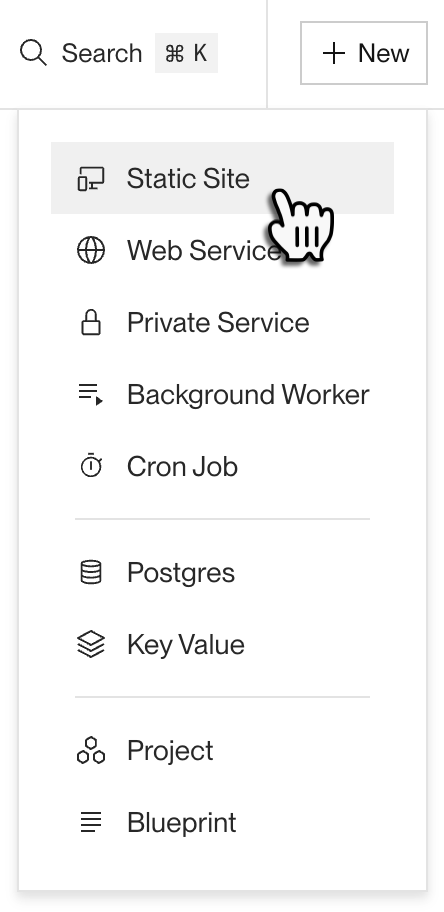 Selecting Static Site from the New menu