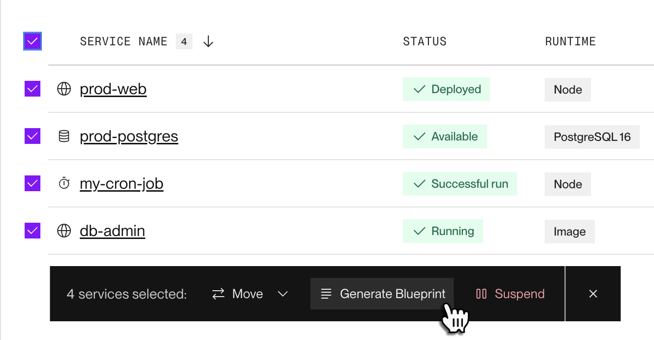 UI for generating a Blueprint in the Render Dashboard