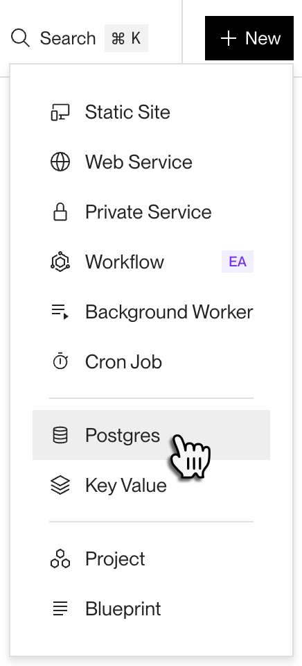 Creating a new Postgres database in the Render Dashboard