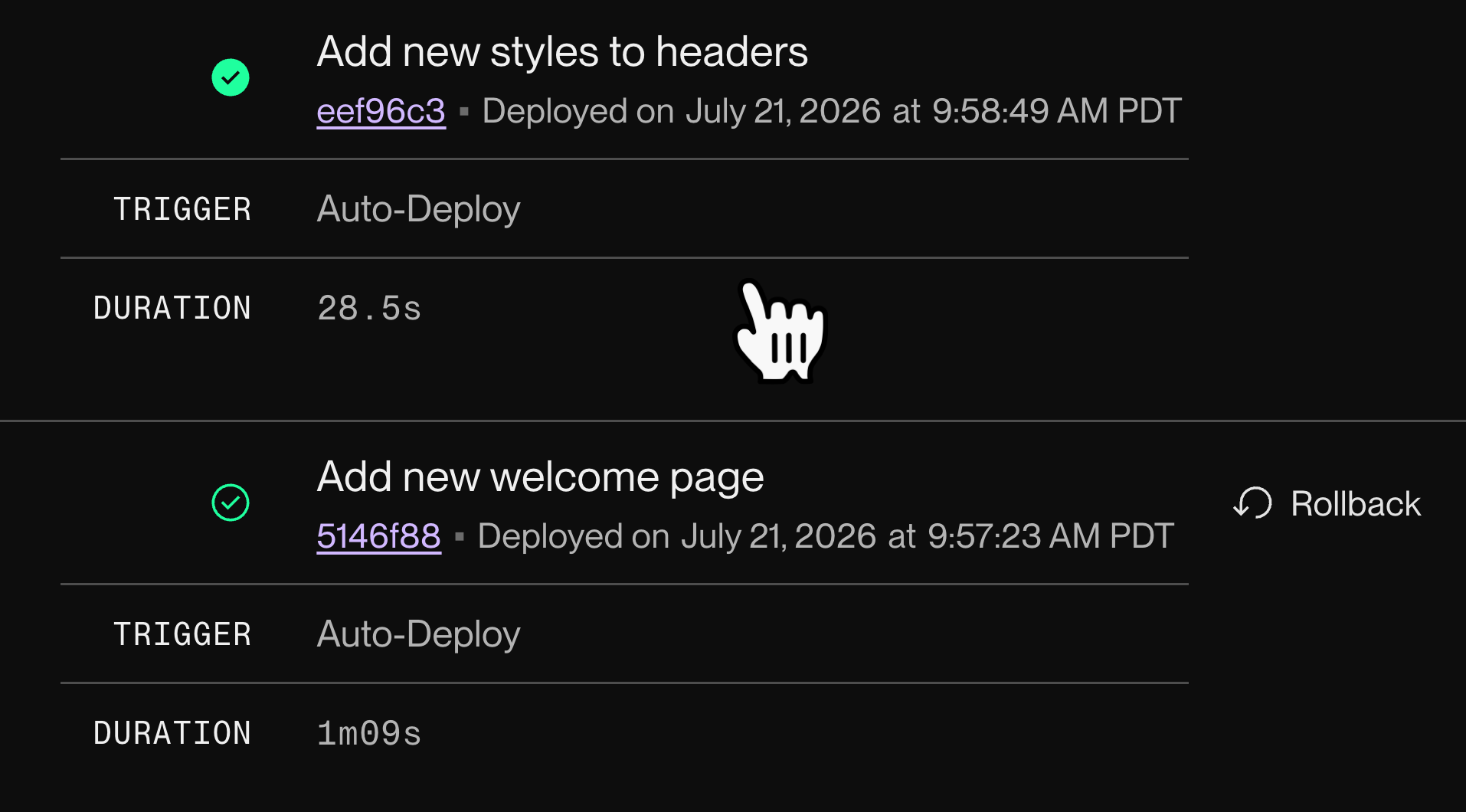 Selecting a deploy to view logs