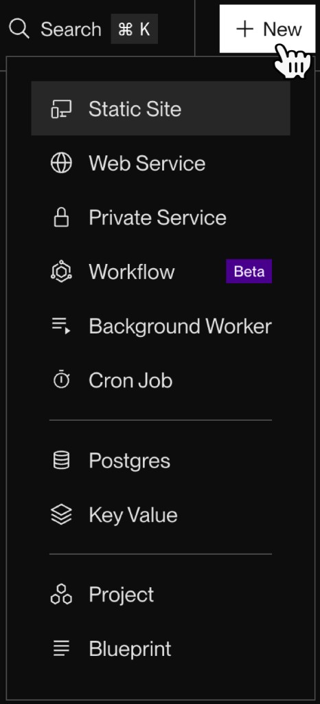 The "New" dropdown in the Render dashboard